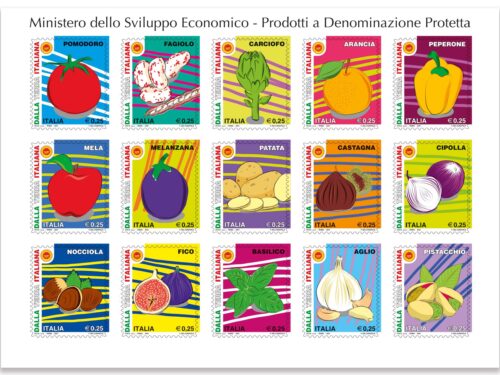 M.I.S.E. 89^-103^ EMISSIONE di un FOGLIETTO con 15 francobolli ordinari appartenenti alla serie tematica ” le Eccellenze del Sistema Produttivo ed Economico” dedicati ai prodotti a Denominazione Protetta DOP